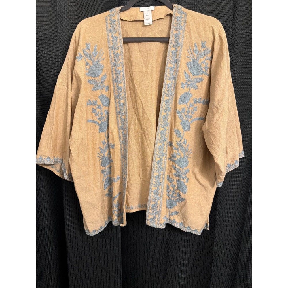 J. Jill Embroidered Cotton Kimono Cardigan Tan Blue Floral Open Front S-L